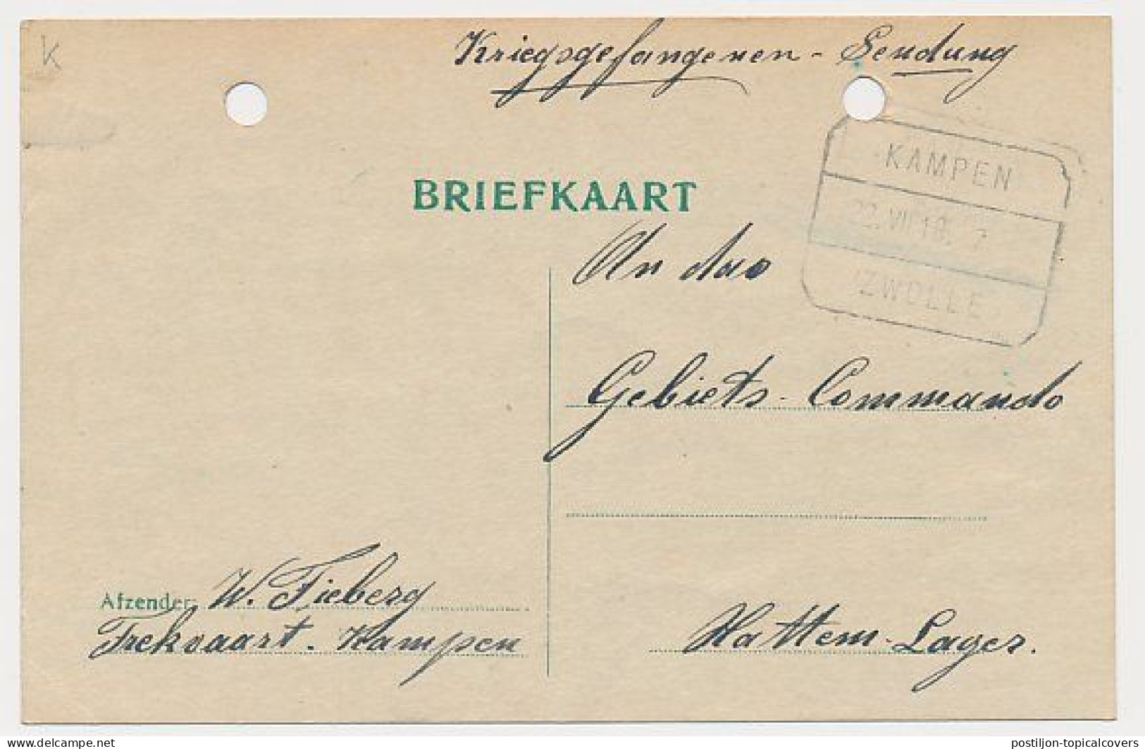 WOI - Internering POW / Kriegsgefangenen Kampen - Lager Hattem 1918 - Storia Postale