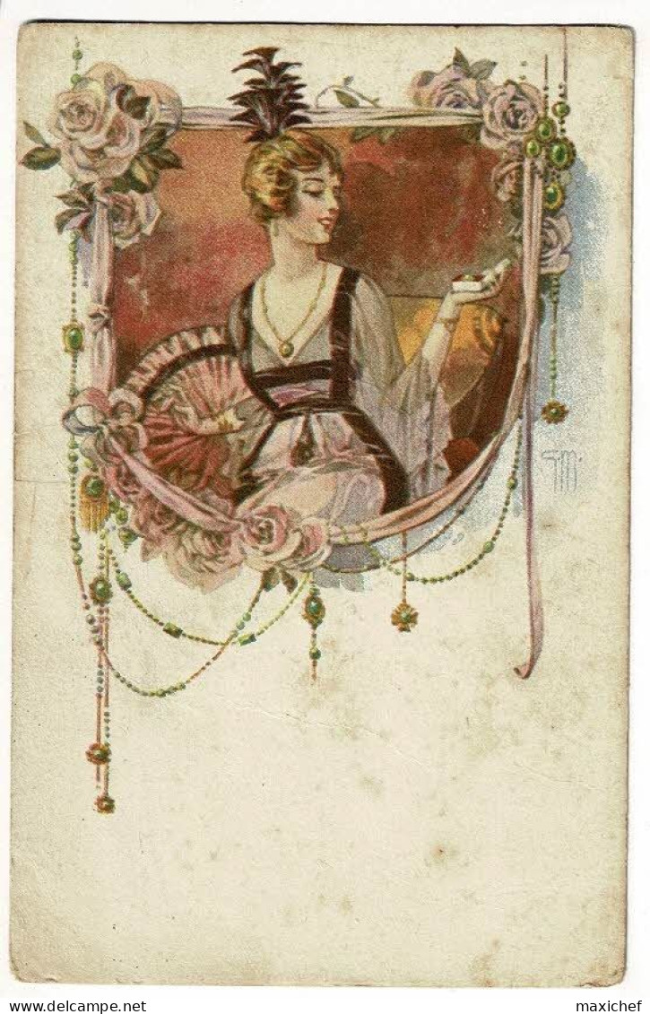 Carte Illustrée GM Belle Femme Admirant Un Bijou Dans Son écrin (style Art Déco) Circulé Sans Date, Sous Enveloppe - Sonstige & Ohne Zuordnung