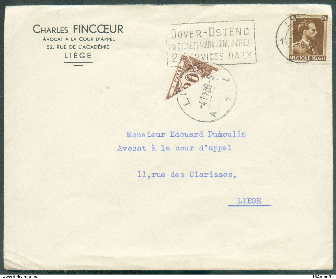 70c. LEOPOLD III Col Ouvert Obl. Dc LIEGE Sur Lettre (Ch. FINCOEUR) Du3-11-1938 Vers Liège Et Taxée à 10 Centimes (par T - Covers & Documents