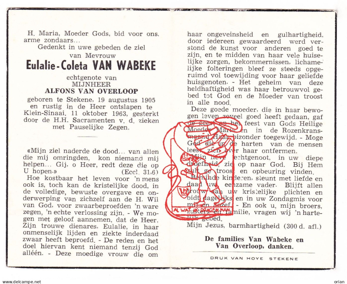 DP Eulalie Coleta Van Wabeke ° Stekene 1905 † Klein-Sinaai 1963 X Alfons Van Overloop - Devotieprenten