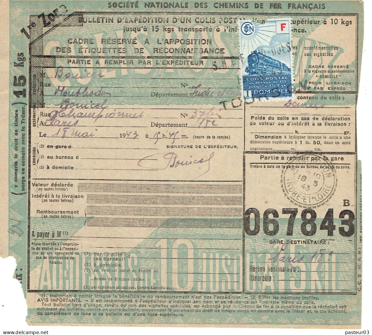 202 Timbre Pour Coli Postal Bulletin De Colis Postal 18 Mai 1943 Avec TP Colis Postaux N° 202 - Cartas & Documentos