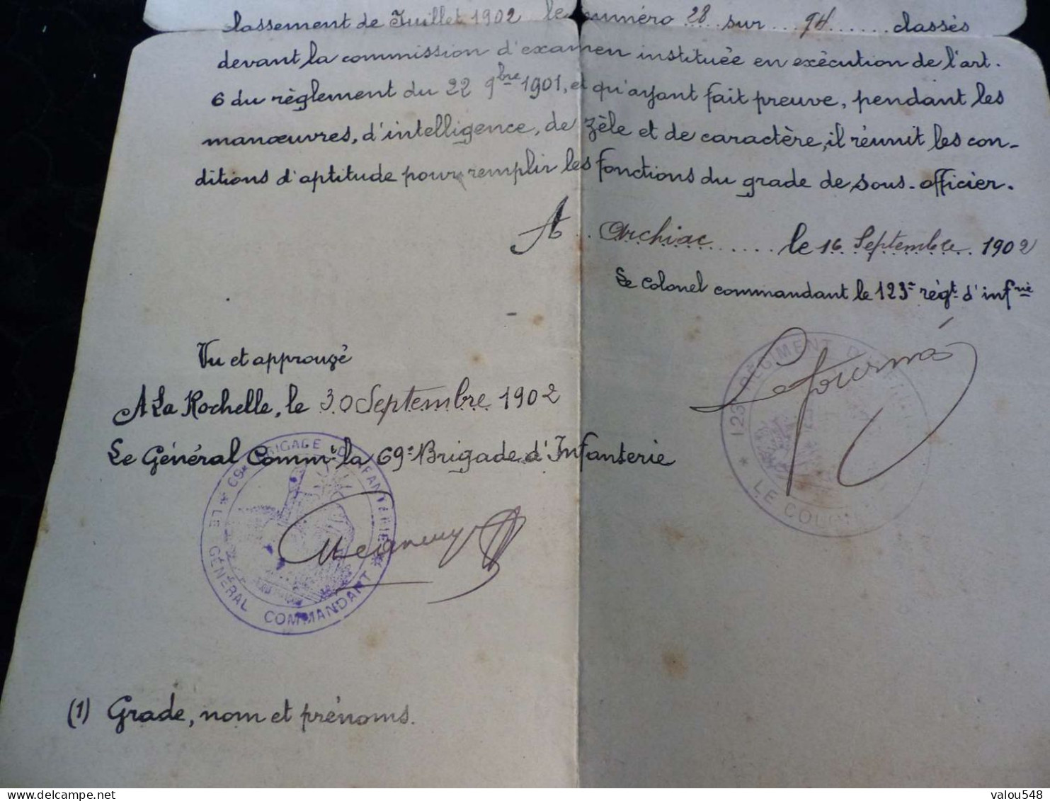 VP-34,  Certificat D'aptitude Au Grade De Sous Officier Dans La Réserve, 123e Régiment D'infanterie, 1902 - Historical Documents