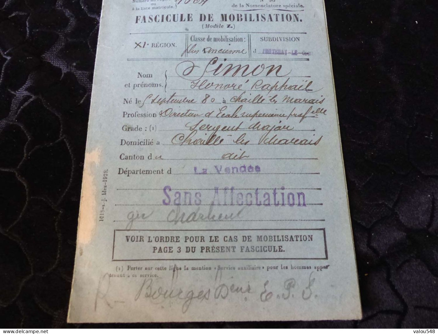 VP-35,  Fascicule De Mobilisation Classe 1900, Département De La Vendée ,Fontenay Le Comte - Historical Documents