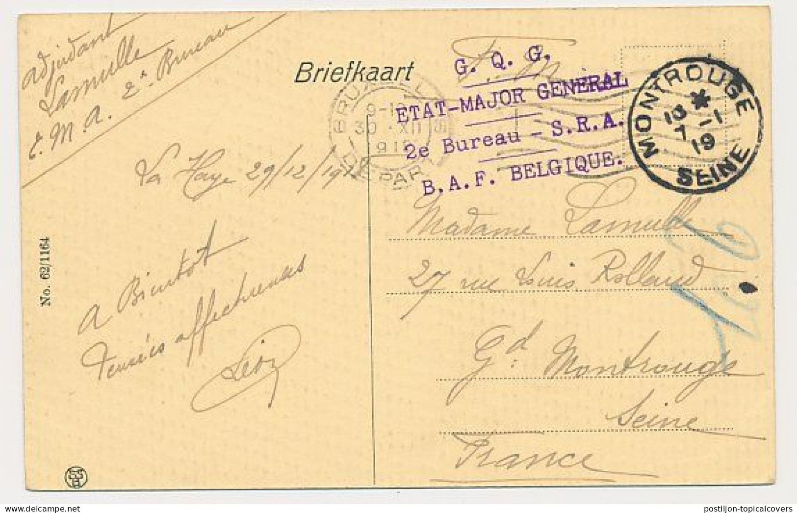 WOI - S.M. / Dienst Militair Den Haag - Brussel Belgie - Montrouge France 1918 - Major Generale B.A.F. Belgique - Lettres & Documents