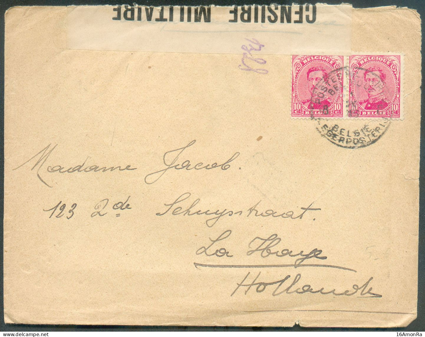 N°138(2) - 10c. (paire)  Obl. Sc POSTES MILITAIRES BELGIQUE 8 Sur Lettre Du 11-IX-1916 Vers La Haye (P-B) + Bande CENSUR - Armée Belge