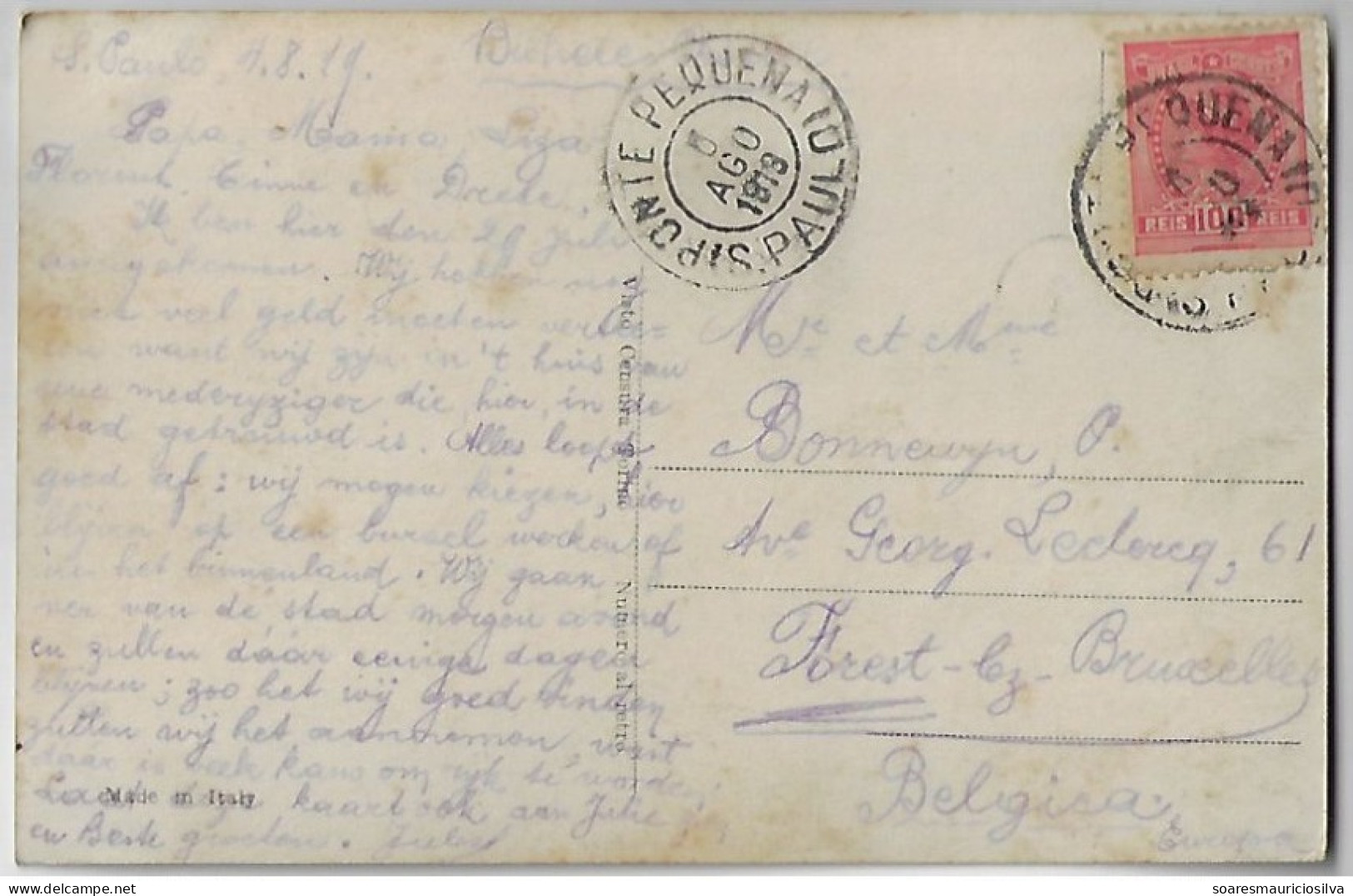 Brazil 1919 Postcard Photo Cantareira São Paulo Editor Malusardi From Ponte Pequena Small Bridge To Belgium Stamp 100 Rs - Covers & Documents