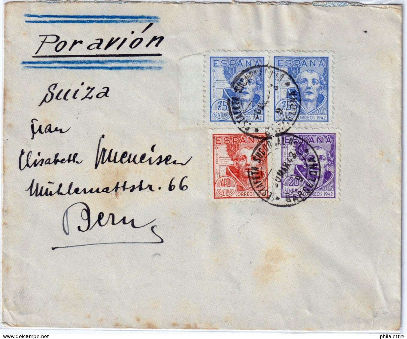 ESPAGNE / ESPANA - 1943 Ed.954, Ed.955 & 2xEd.956 Sobre Carta De BARCELONA A BERN, Suiza - Briefe U. Dokumente