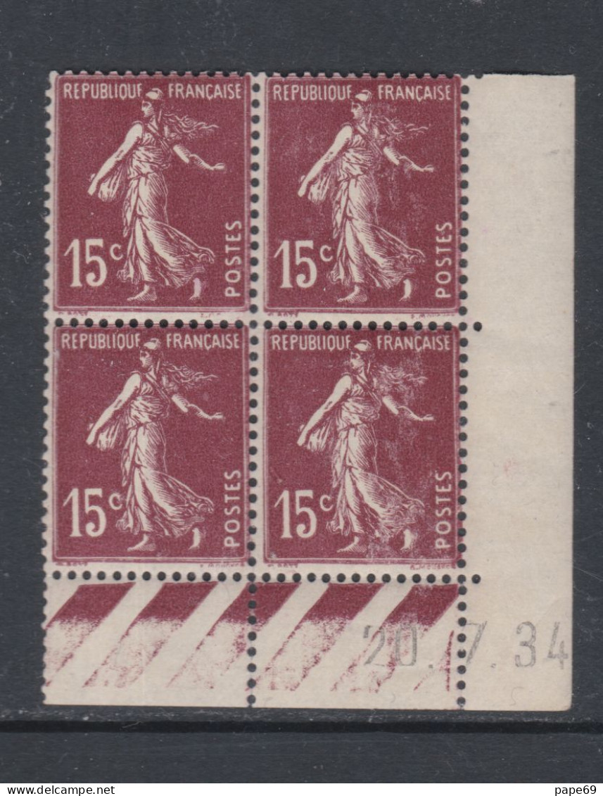 France N° 189 XX Type Semeuse : 15 C. Brun-lilas En Bloc De 4 Coin Daté Du 20 . 7 . 34 ; Gomme Altérée,   Sans Cha., TB - ....-1929