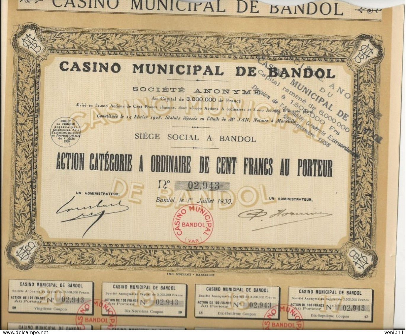 ACTION CASINO MUNICIPALE DE BANDOL -ACTION CATEGORIE A  DE 100 FRS - ANNEE 1930 - Casinos