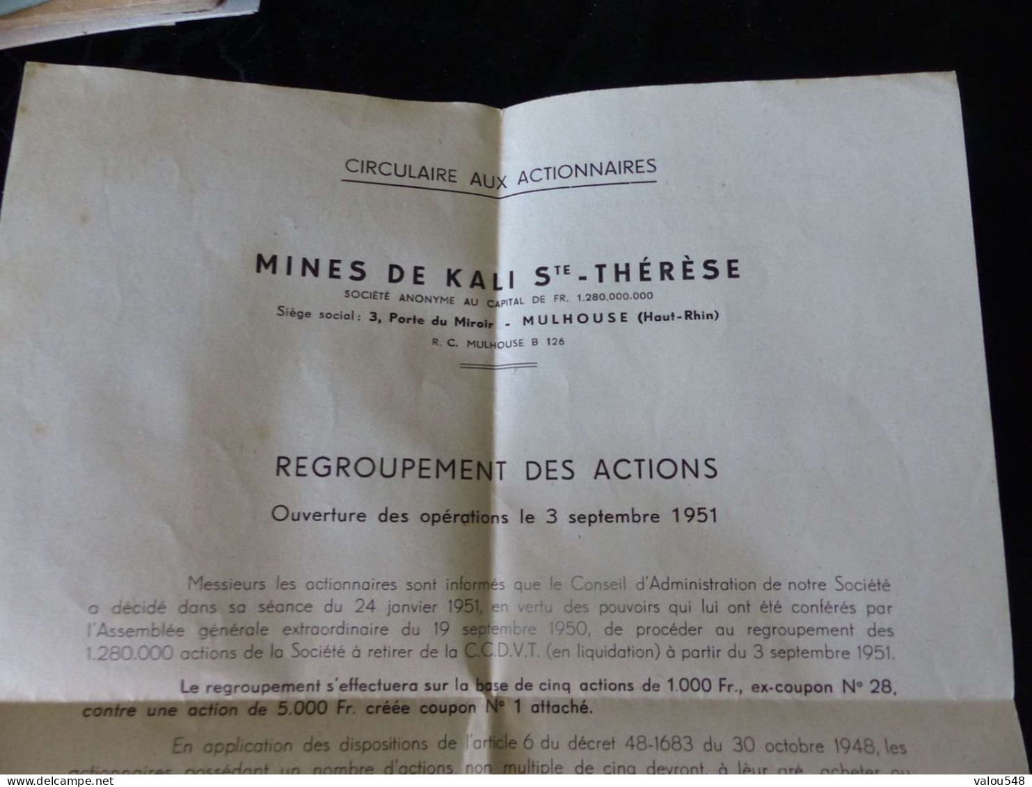 VP-37 , Circulaires Aux Actionnaires, Mines De Kali Ste Thérèse, Mulhouse, 3 Septembre 1951 - 1950 - ...