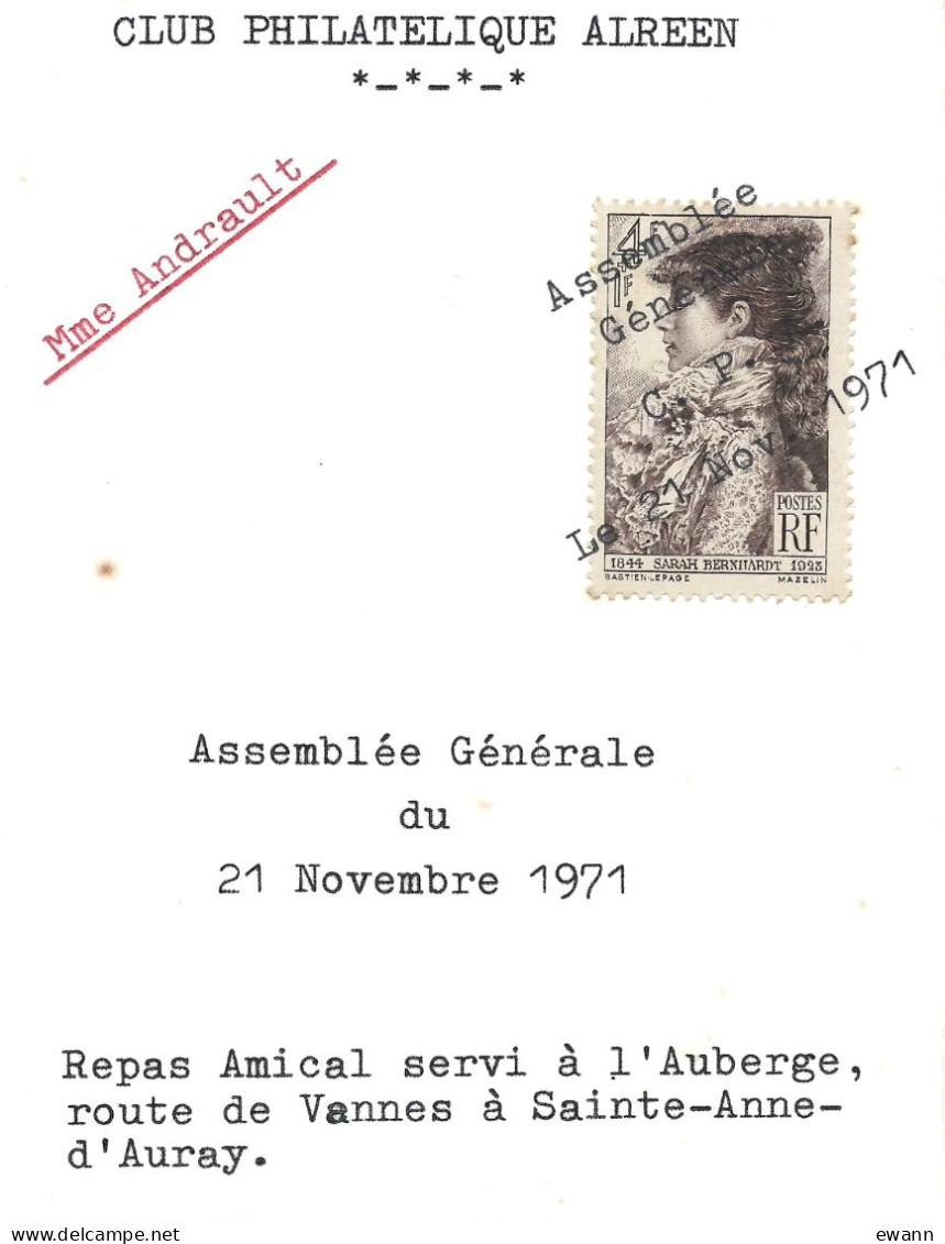 Affichette + Menu - Exposition Philatélique Auray 1971 - Menu 1973 Club Philatélique Alréen (56) - Menus
