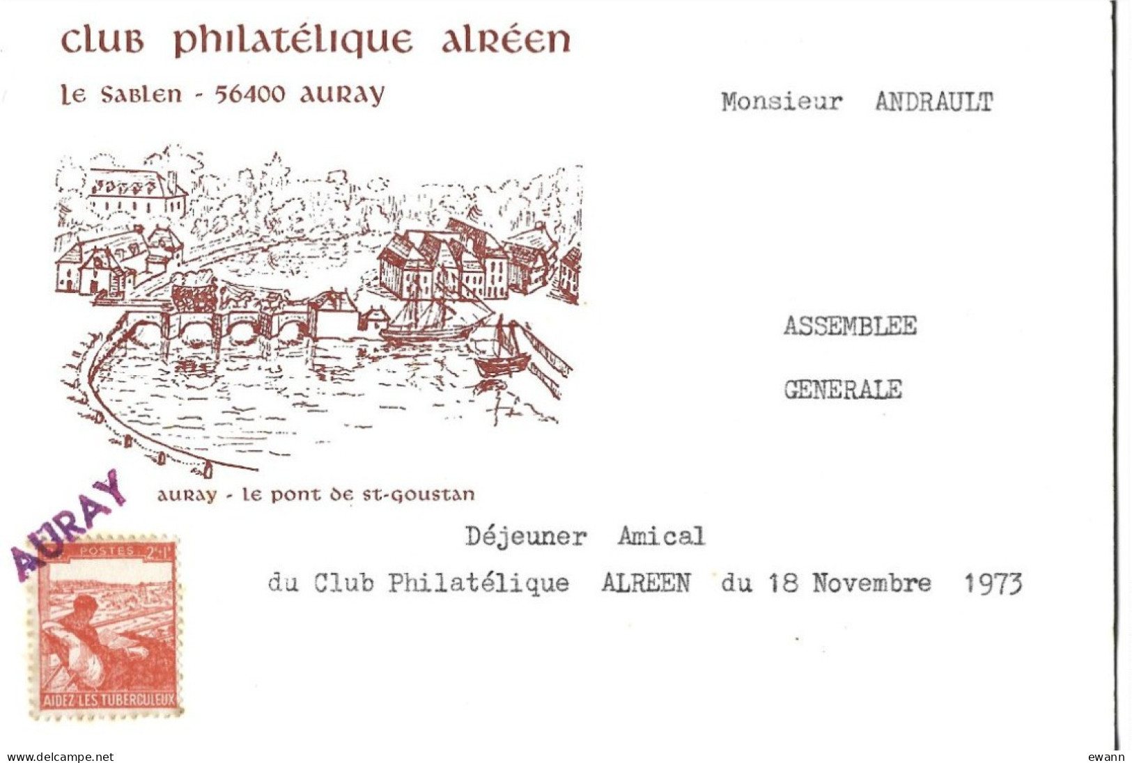 Affichette + Menu - Exposition Philatélique Auray 1971 - Menu 1973 Club Philatélique Alréen (56) - Menú