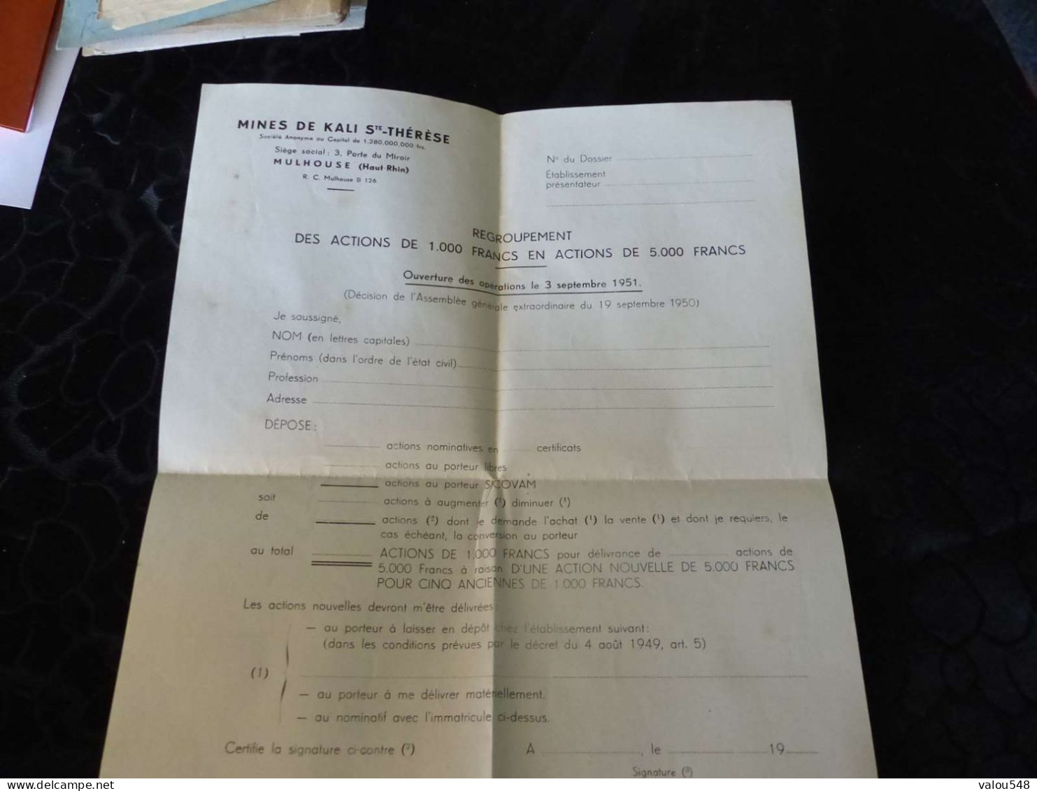 VP-38 ,Regroupement Des Actions De 1000 Francs, Mines De Kali Ste Thérèse, Mulhouse, 3 Septembre 1951 - 1950 - ...