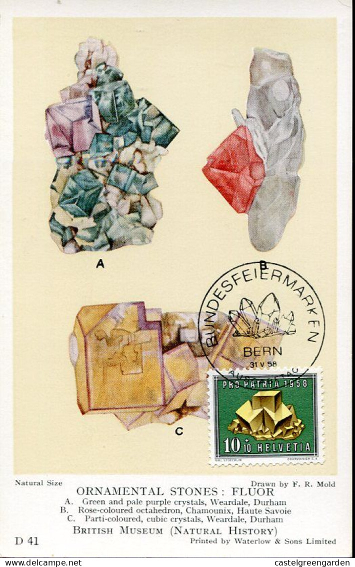 X0531 Switzerland, Maximum Card 1958 Pro Patria Mineral,ornamental Stone Fluor, First Day Postmark - Mineralien