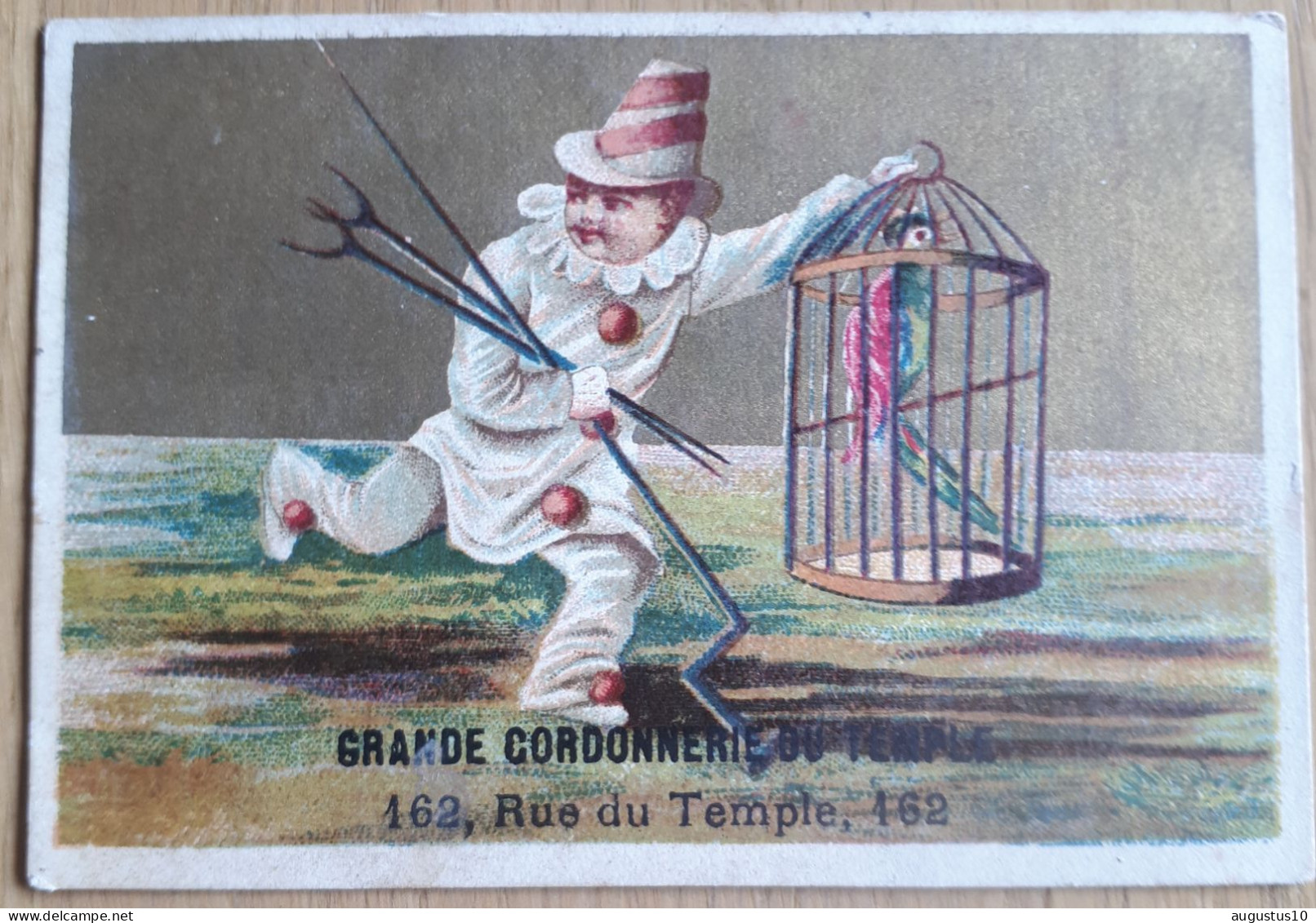 CHROMOLITHO Simili LIEBIG: PIERROT & Papegaai +- 1880 6,6 / 9,5 Cm  / Verguld/Doré - Autres & Non Classés