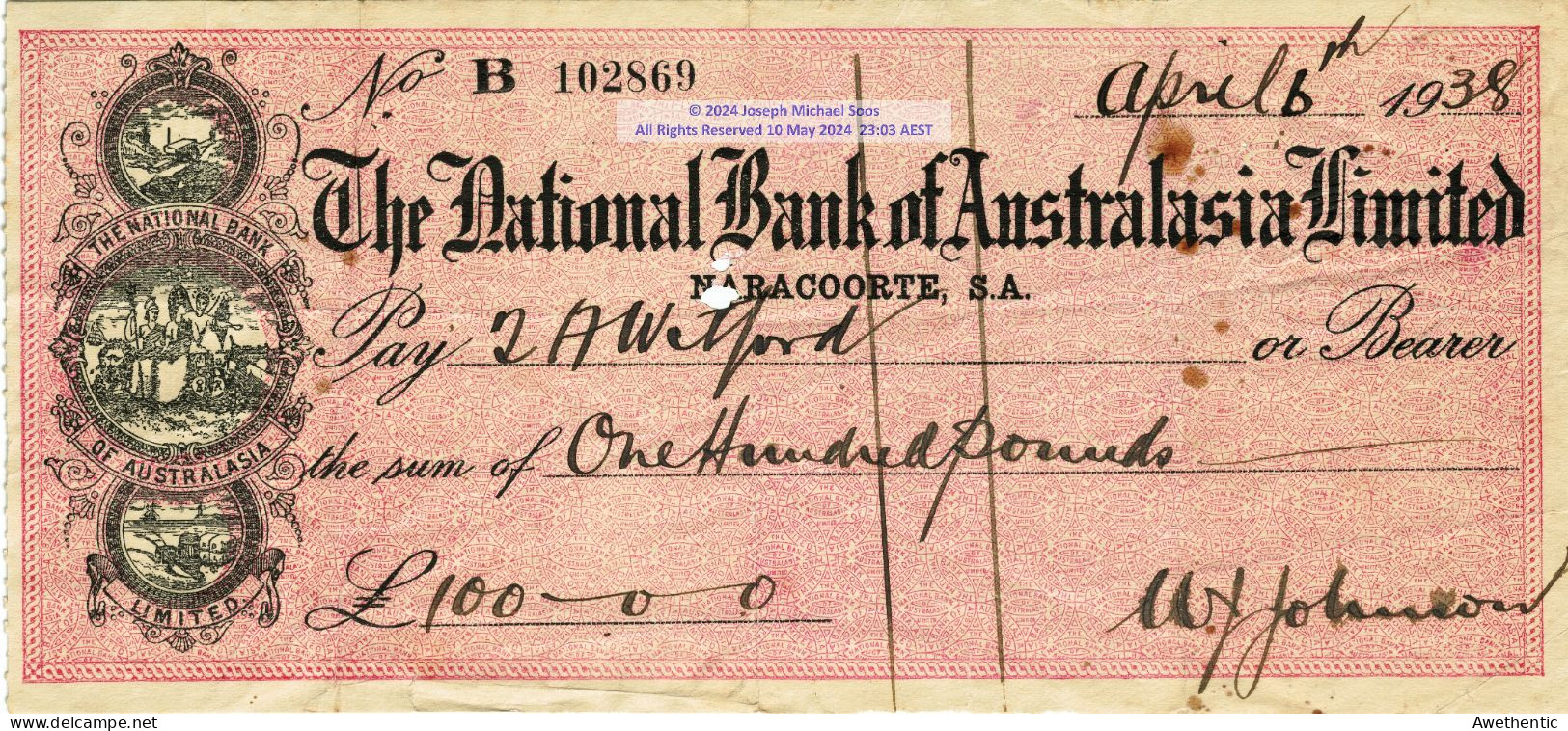 Vintage National Bank Of Australasia Cheque AU£100 6 April 1938 Naracoorte South Australia - Otros & Sin Clasificación