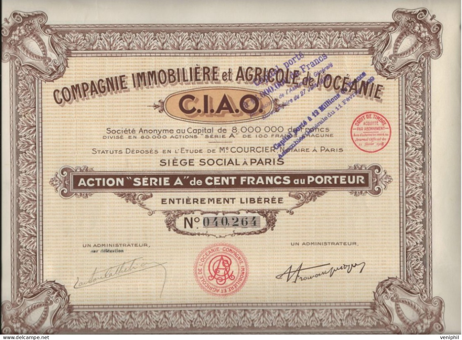 COMPAGNIE IMMOBILIERE ET AGRICOLE DE L'OCEANIE   C.I.A.O  LOT DE 2. ACTIONS SERIE A DE 100 FRSS - ANNEE 1928 - Landbouw