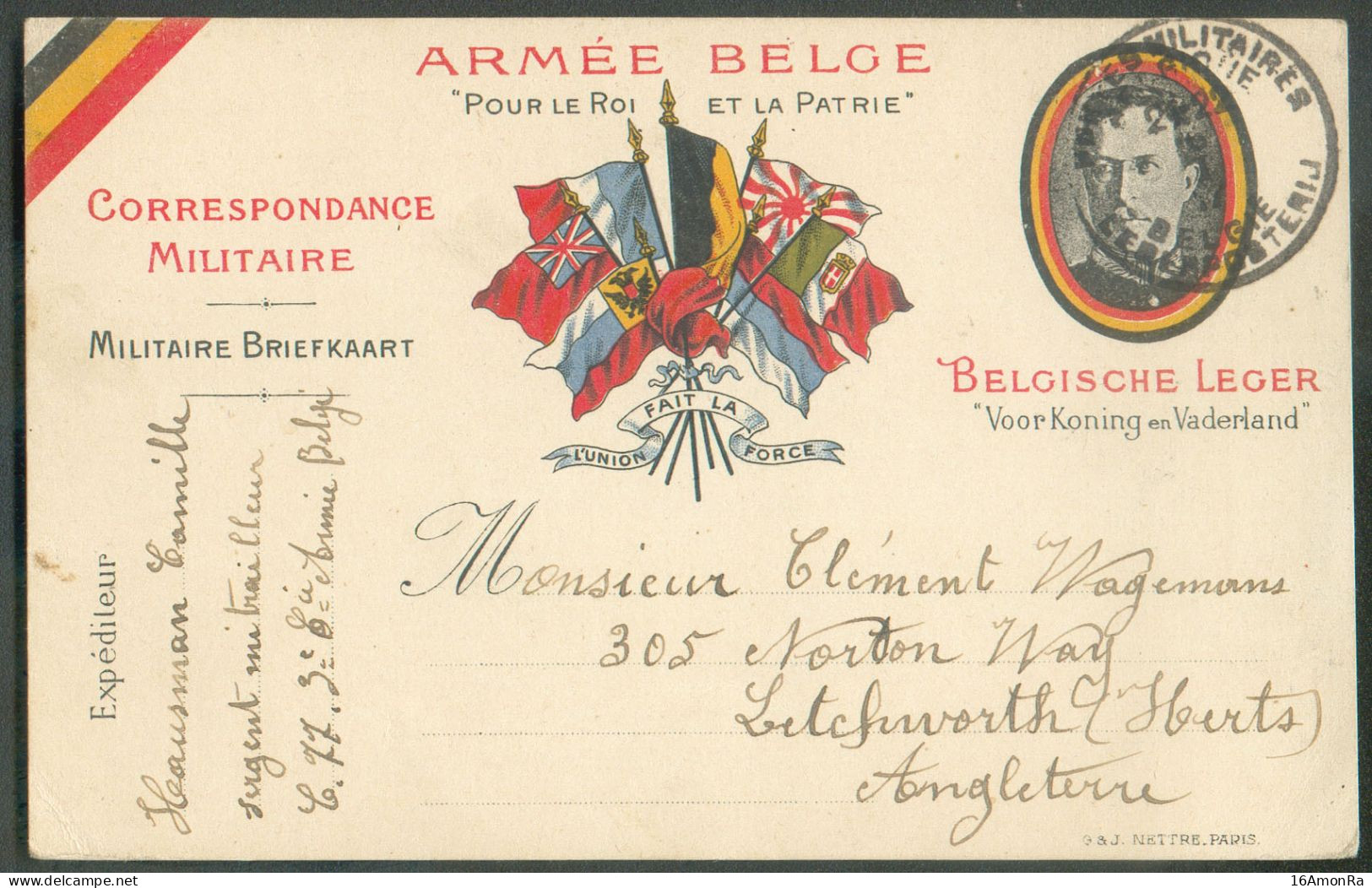 Carte Aux Drapeaux ARMEE BELGE (ROI ALBERT) Obl. Sc POSTES MILITAIRES BELGIQUE Du 3-1-1917 Vers Letchworth (Herts) - BG - Armée Belge