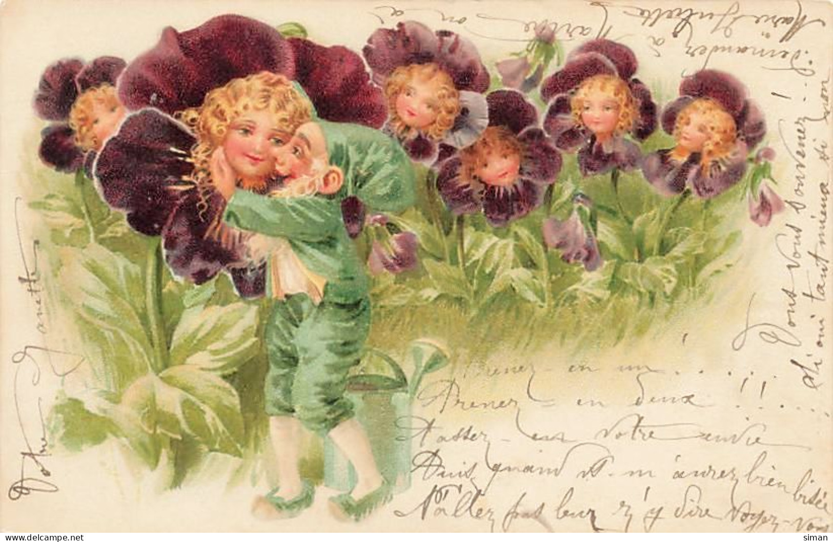 N°25048 - Carte Fantaisie - Têtes De Fillettes Dans Des Fleurs - Surréalisme - Nain, Lutin - Autres & Non Classés