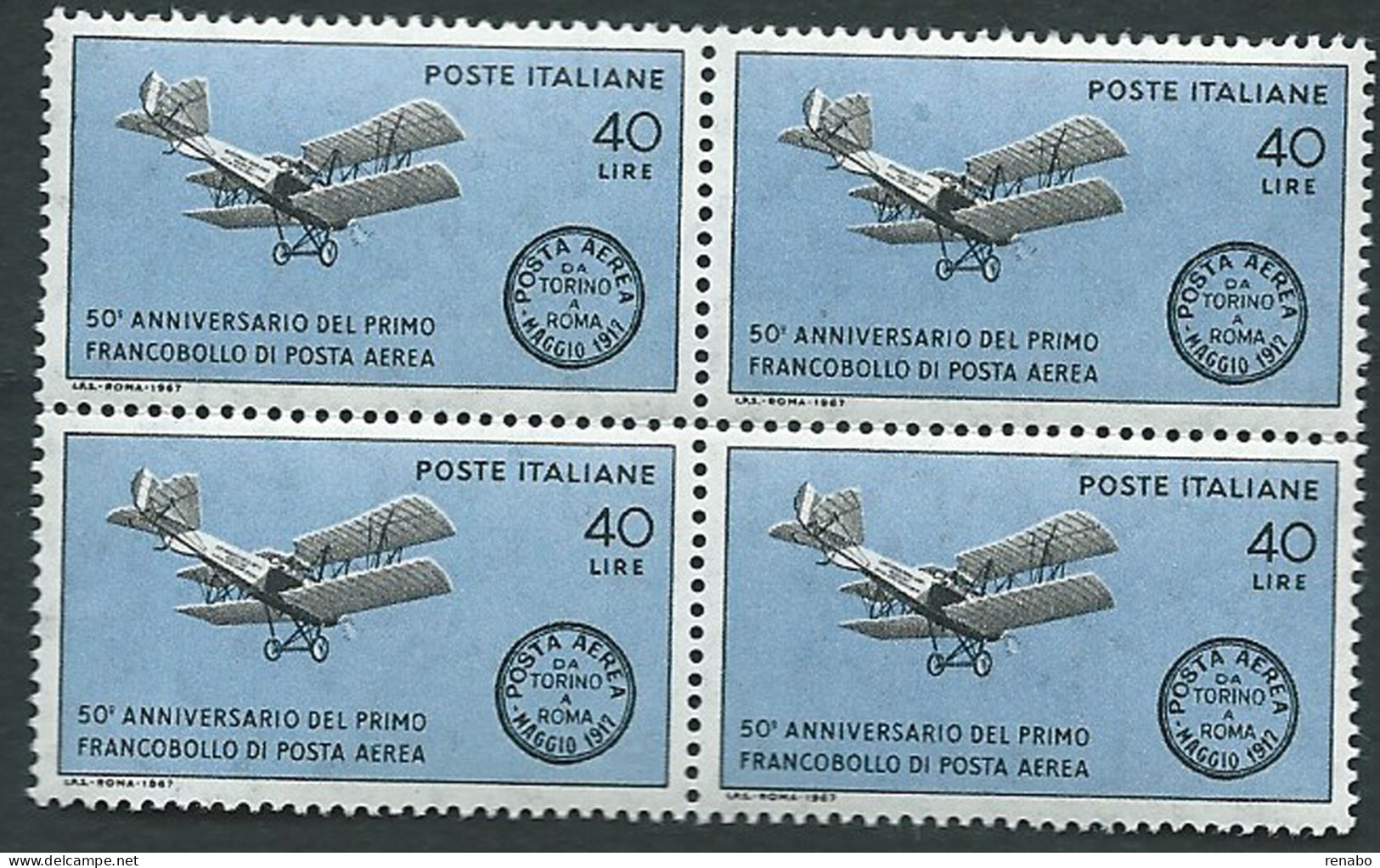 Italia 1967; 50° Primo Francobollo Di Posta Aerea Al Mondo. Quartina. - 1961-70: Nieuw/plakker