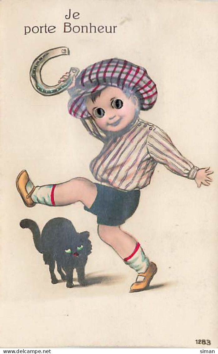 N°25050 - Carte Fantaisie Système (yeux) - Je Porte Bonheur  - Enfant Avec Un Fer à Cheval - Chat Noir - Altri & Non Classificati