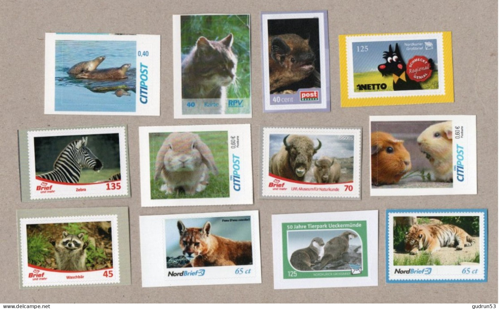 056] BRD - Privatpost - 12 Marken - Tiere (Zebra, Fledermaus, Wildkatze, Hasen, Robbe, Bison - Private & Local Mails