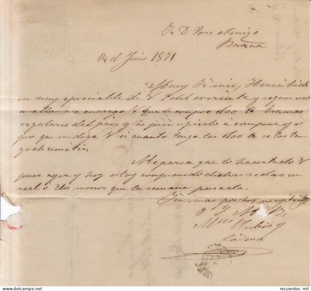 Año 1870 Edifil 107 Alegoria Carta  Matasellos Rejilla Azul Valencia Membrete J.Rubio Y Cadena - Brieven En Documenten