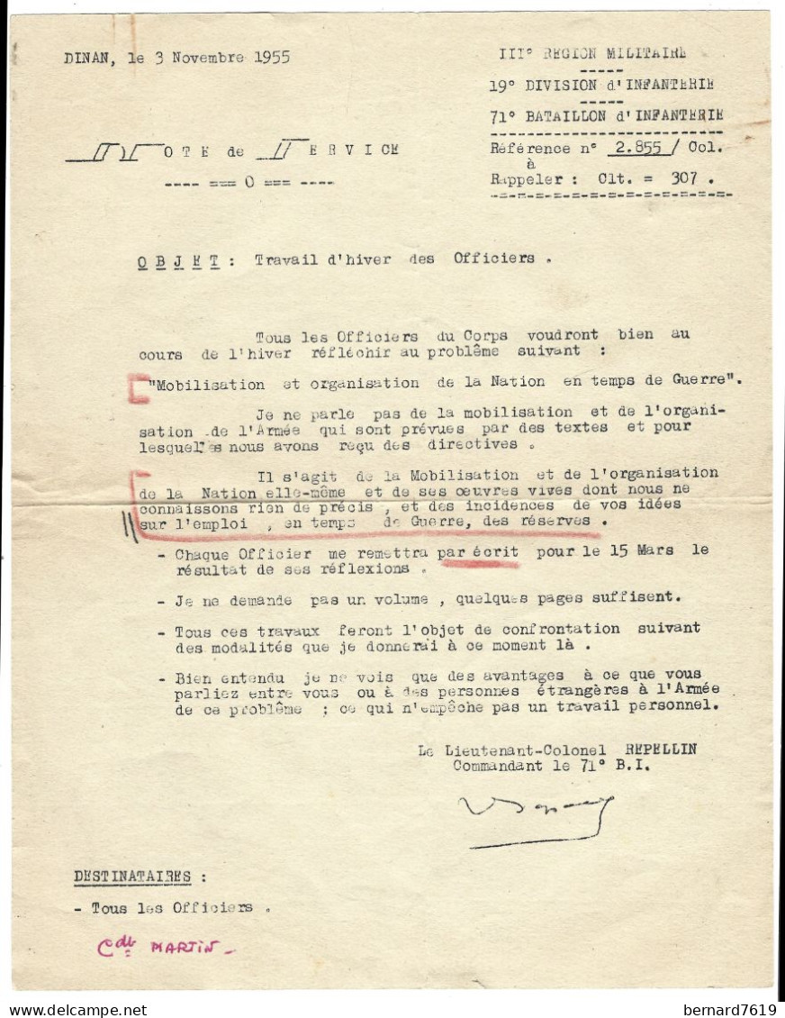 Document Militaire - Dinan  Le 3 Novembre 1955 - 71  Bataillon D'infanterie - Lieutent Colonel Repellint Travail D'hiver - Historical Documents