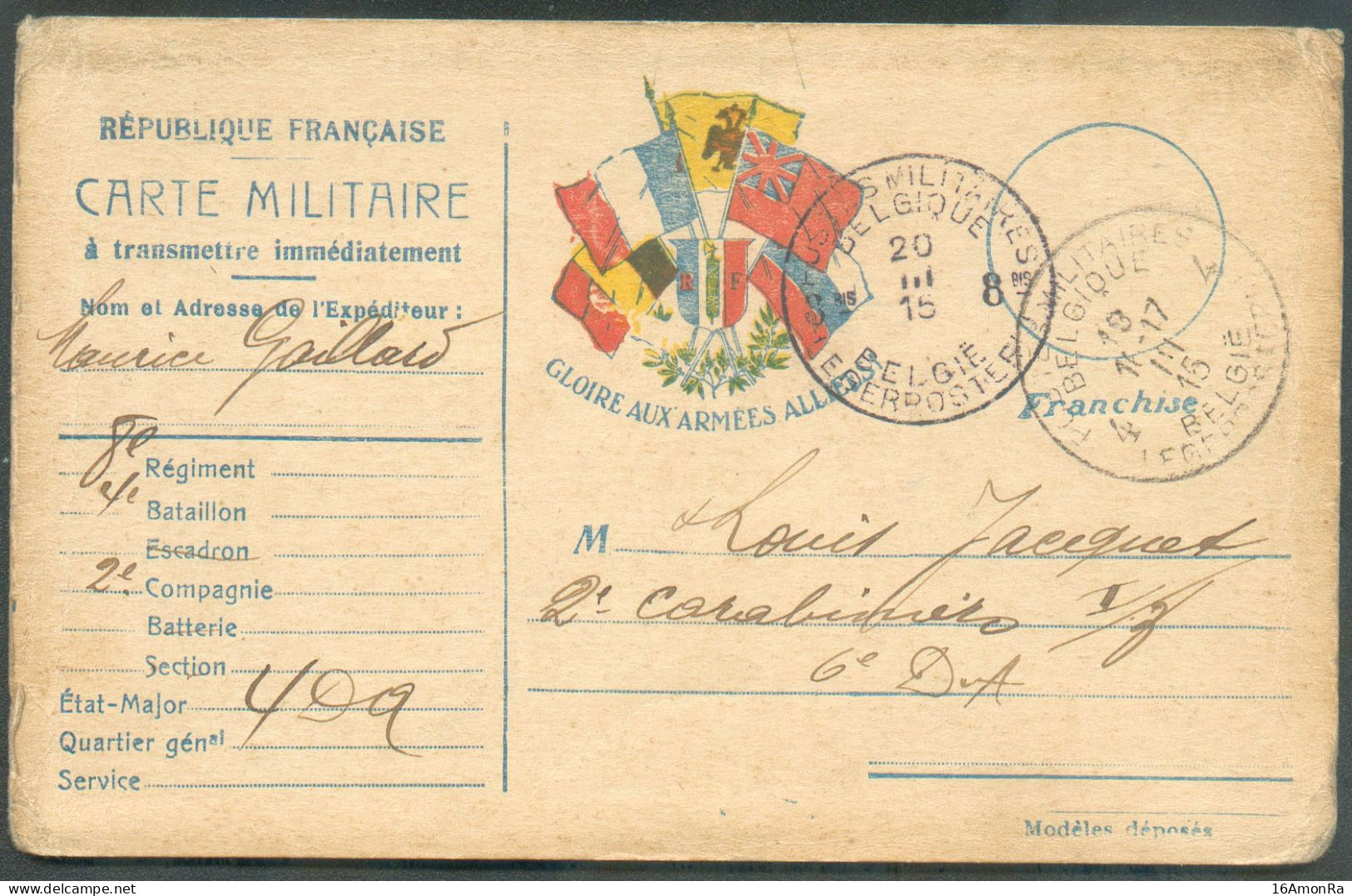 Carte Aux Drapeaux ARMEE FRANCAISE Obl. Sc POSTES MILITAIRES BELGIQUE 8 Bis Du 20-III-1915 Vers 6) D.A. Via P.M.B. 4 - 2 - Belgisch Leger