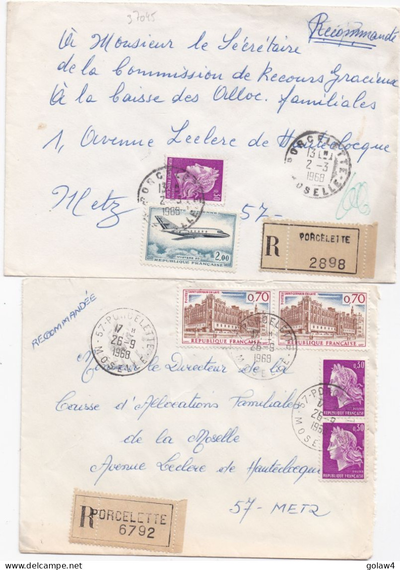 37045# LOT 2 LETTRES FRANCHISE PARTIELLE RECOMMANDE Obl PORCELETTE MOSELLE 1968 Pour METZ 57 - Covers & Documents