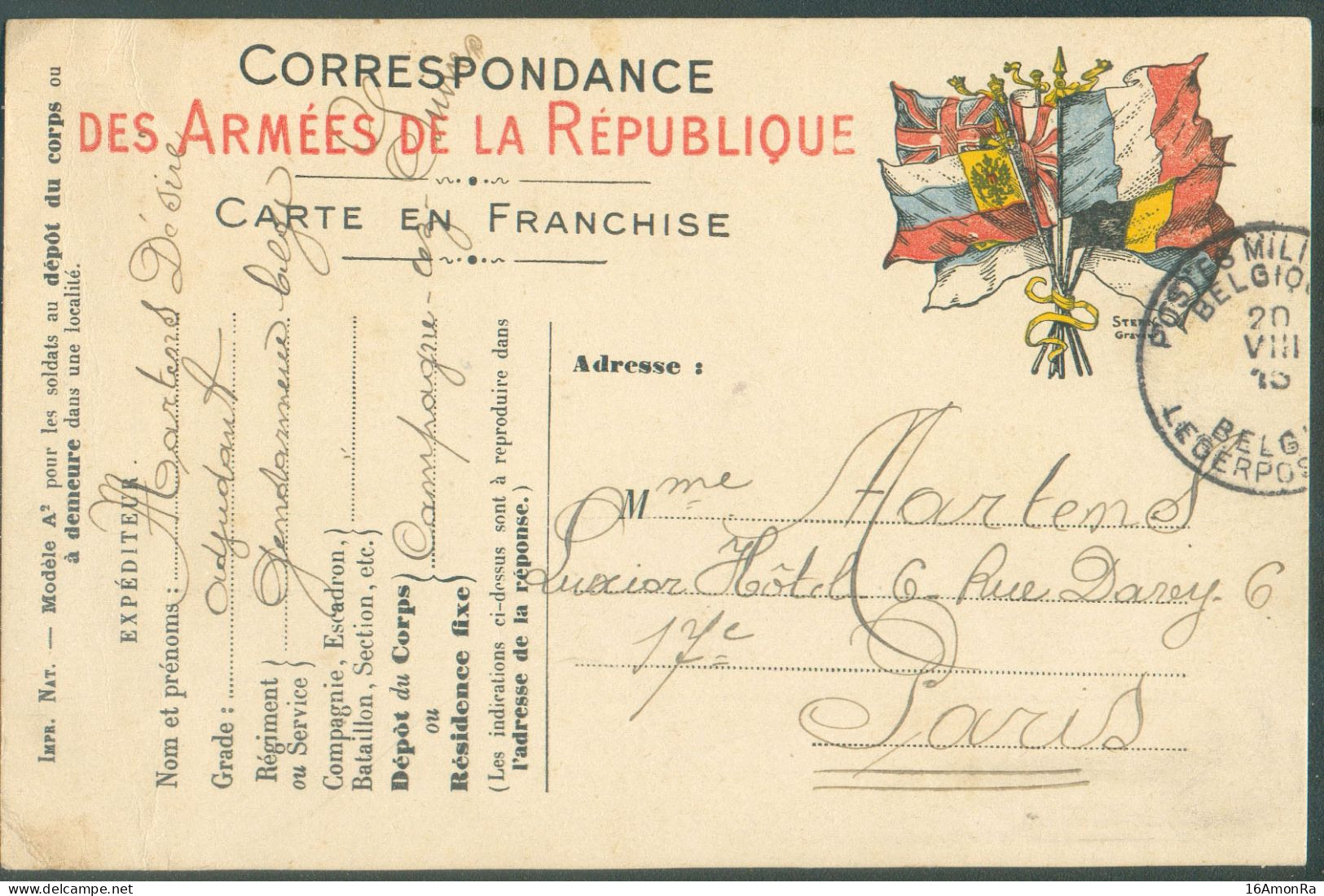 Carte Aux Drapeaux ARMEE FRANCAISE Obl. Sc POSTES MILITAIRES BELGIQUE  Du 20-VIII-1915 Vers Paris - Au Verso : Les Nouve - Armada Belga