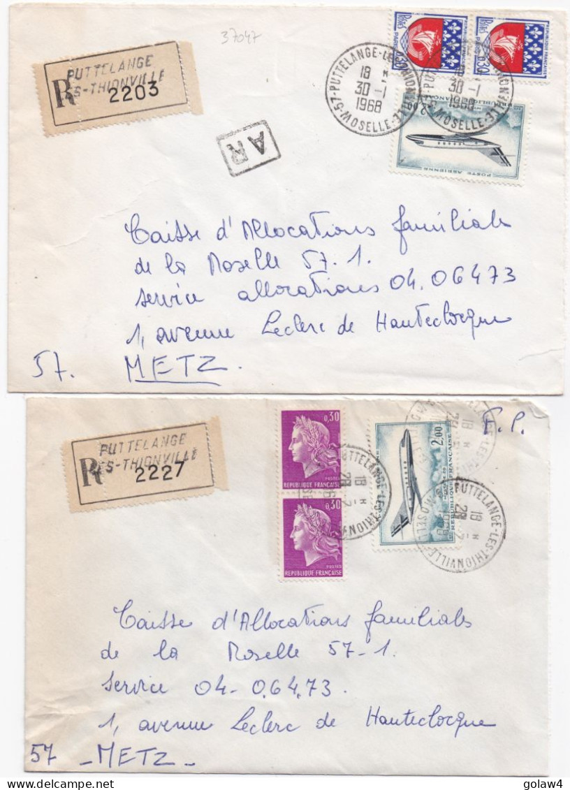 37047# LOT 2 LETTRES FRANCHISE PARTIELLE RECOMMANDE Obl PUTTELANGE LES THIONVILLE MOSELLE 1968 Pour METZ 57 - Cartas & Documentos