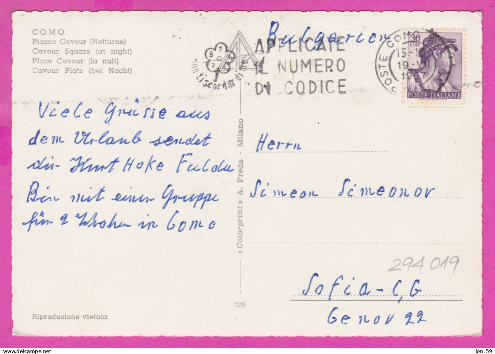 294019 / Italy - COMO Piazza Cavour (Notturno) PC 1968 USED 30 L Designs Sistine Chapel By Michelangelo Flamme Zip Code - 1961-70: Poststempel