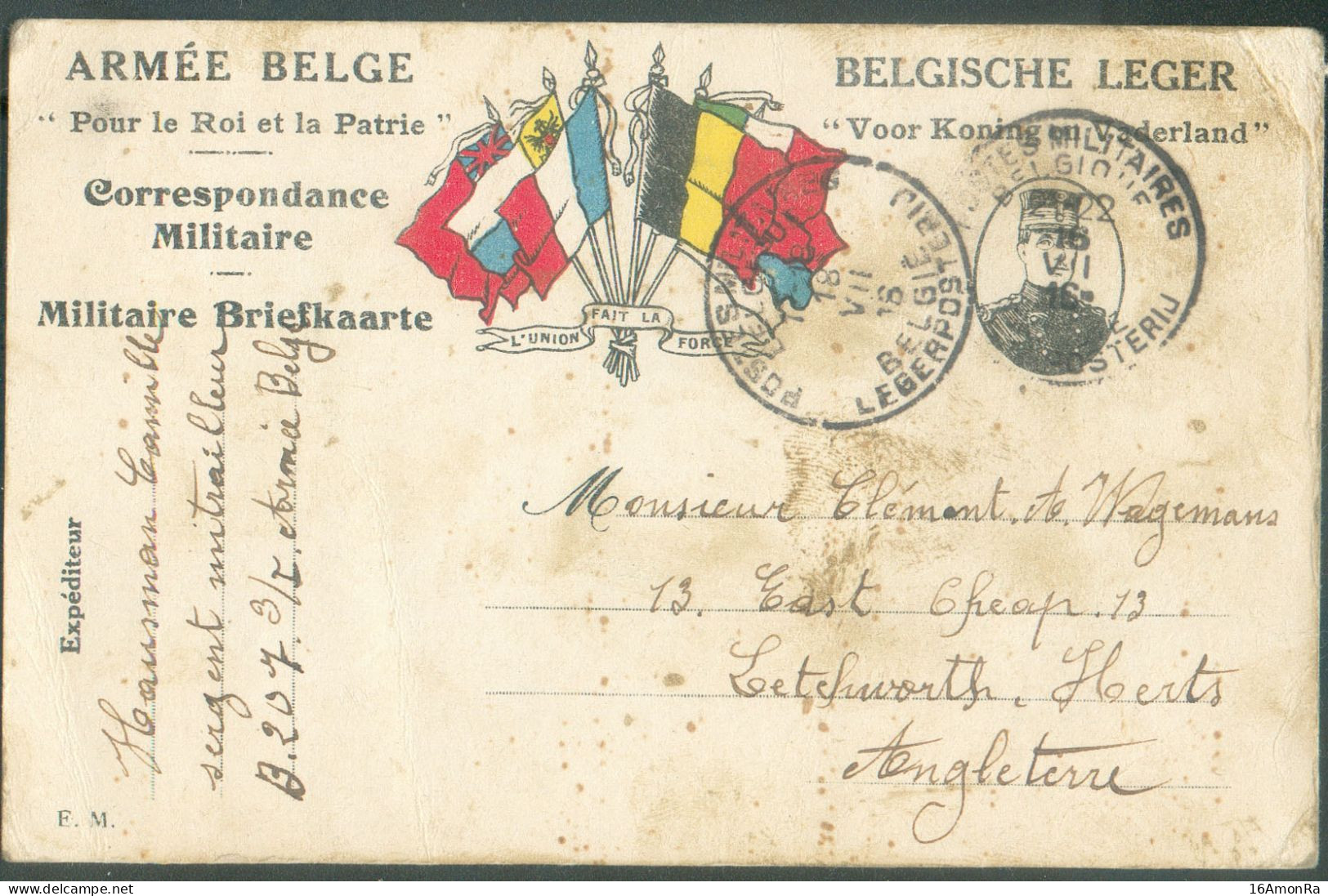 Carte Aux Drapeaux ARMEE BELGE (ROI ALBERT) Obl. Sc POSTES MILITAIRES BELGIQUE Du 16-VII-1916 Vers Letchworth (Herts) - - Esercito Belga