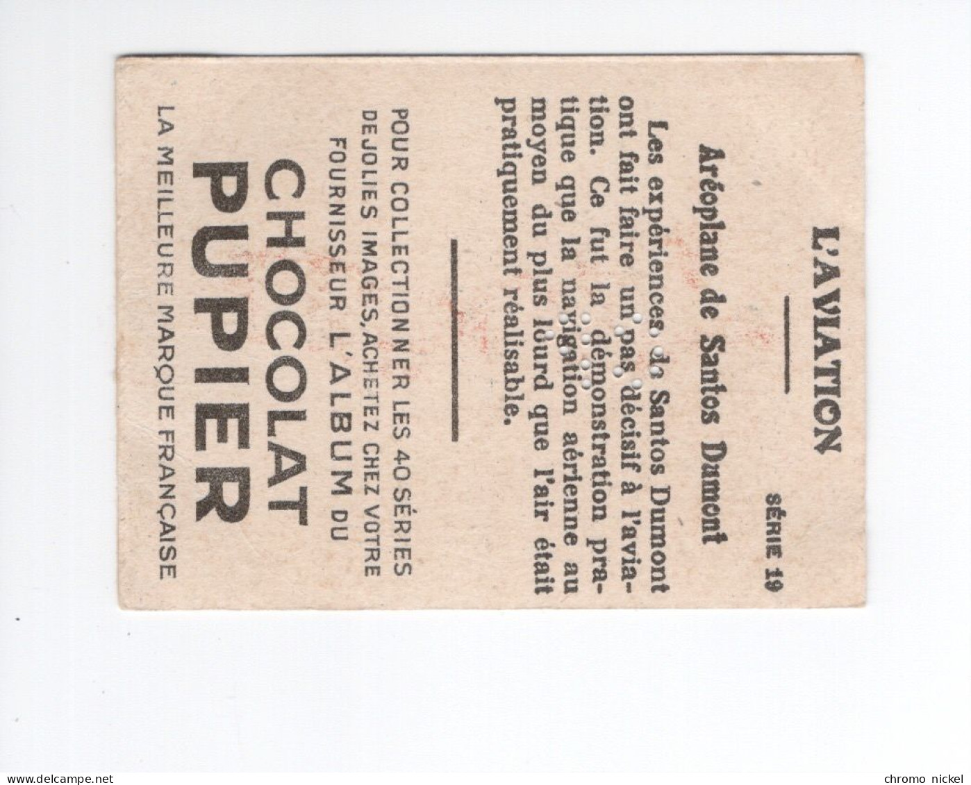 Chromo AVION PLANE Santos Dumont   Didactique Au Dos  Pub: Chocolat Pupier 68 X 51 Mm  2 Scans - Otros & Sin Clasificación