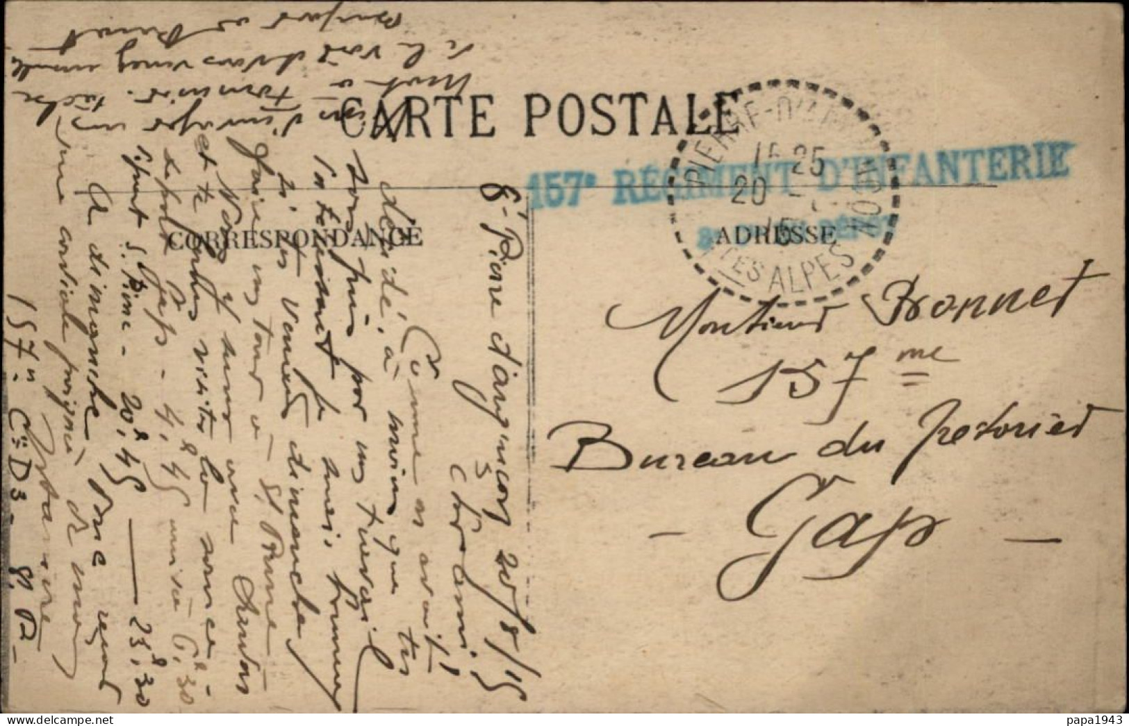 1915  CAD  De SAINT PIERRE D' ARGENCON 05 Sur Griffe " 157° REGIMENT D'INFANTERIE " Envoyée à GAP - Storia Postale
