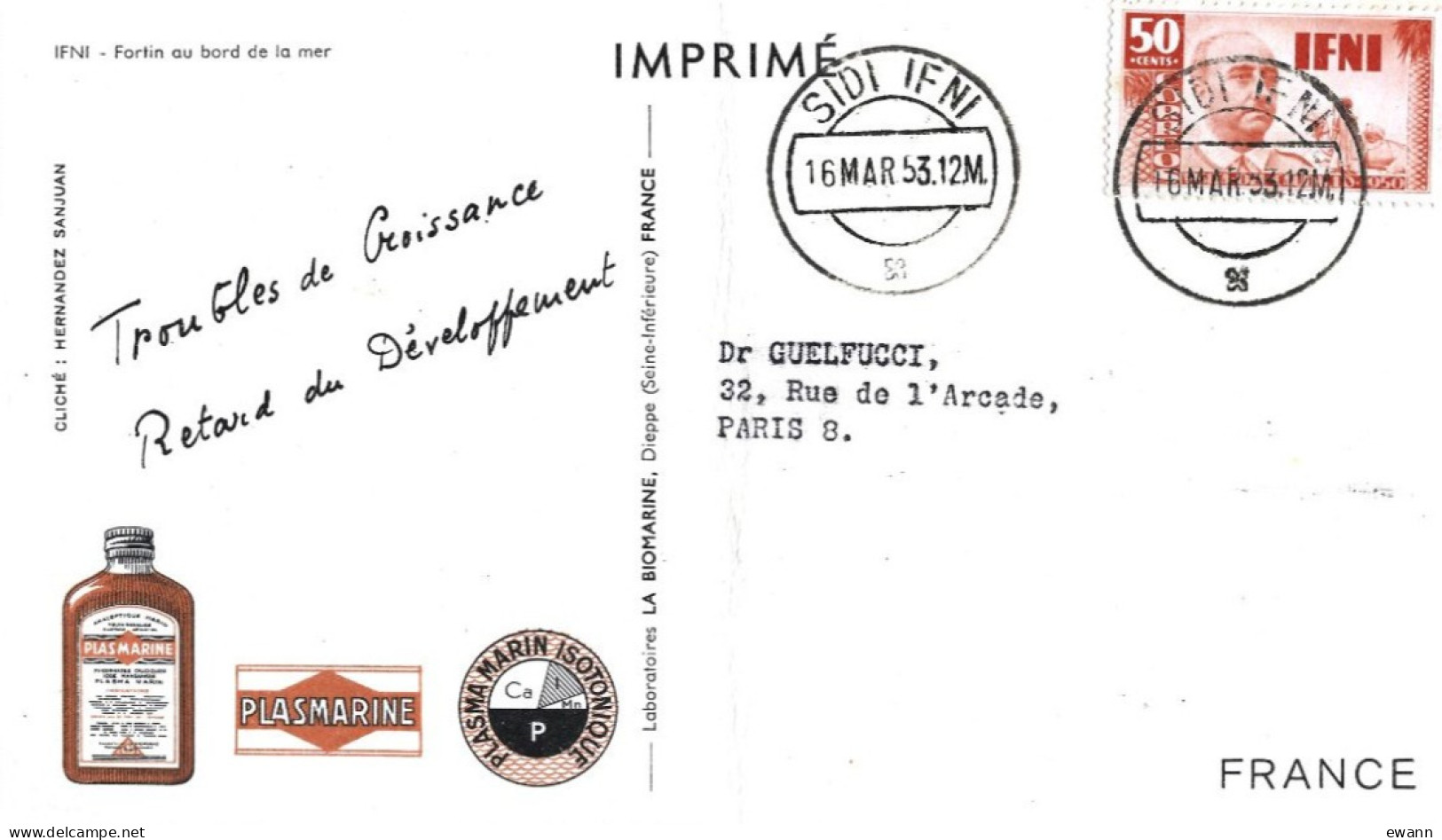 2 Cartes Postales Publicitaires "Plasmarine" - Ifni, Sahara Occidental + Timbres - Publicidad