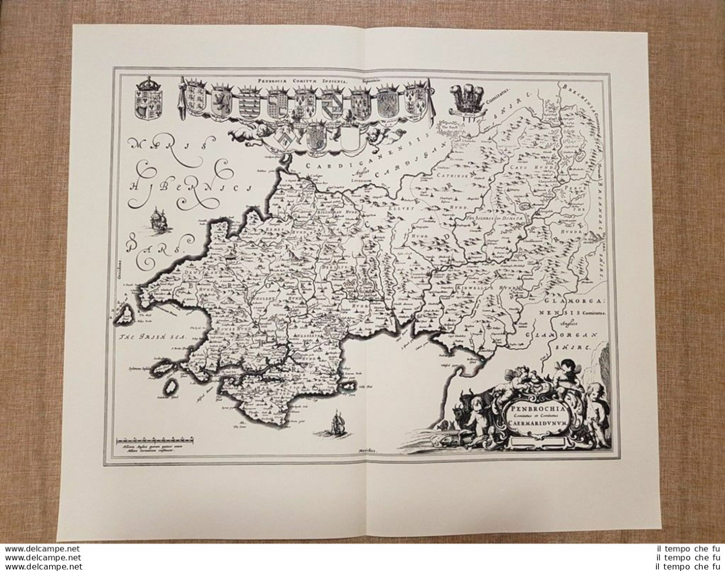 Carta Geografica O Mappa Pembroke Shire U.K. Anno 1648 Joan Blaeu Ristampa - Cartes Géographiques