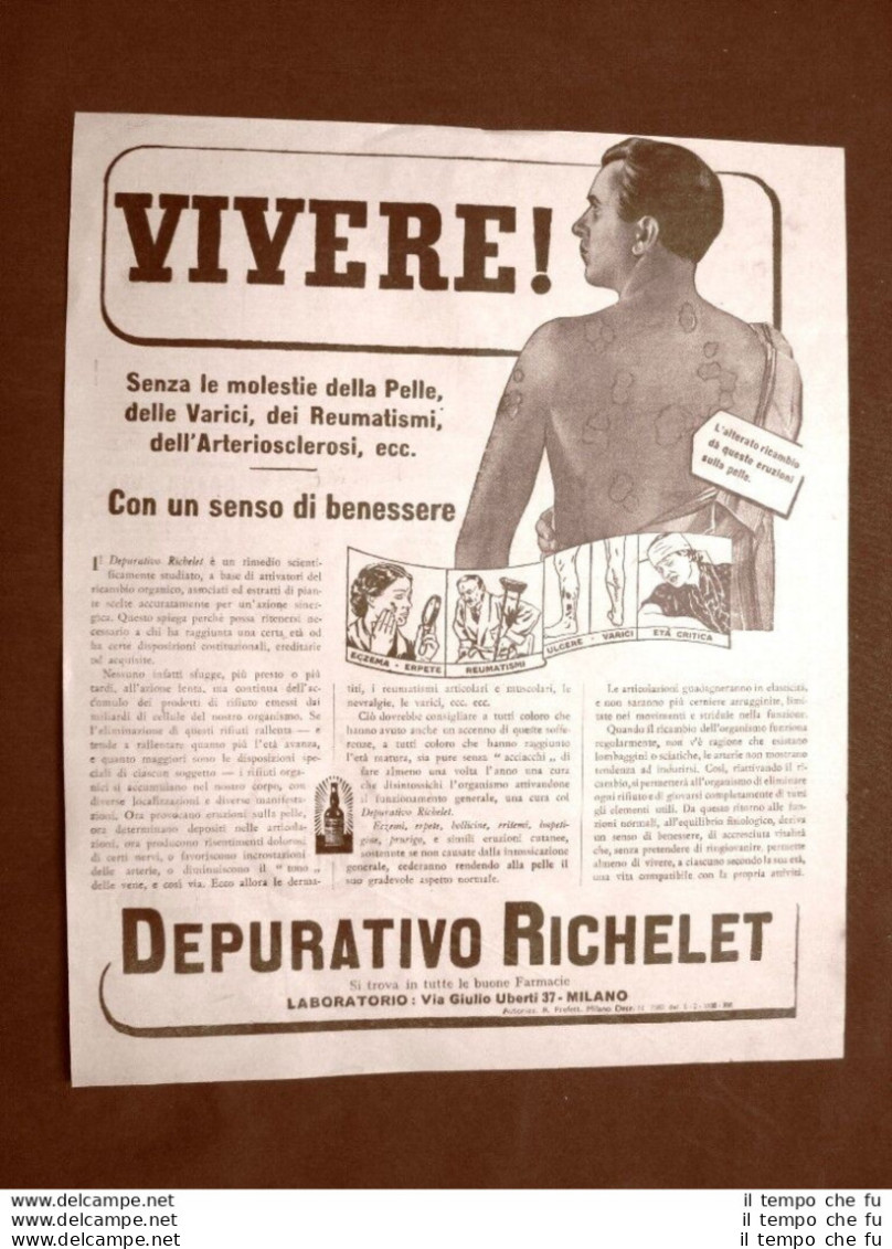 Pubblicità D'epoca Del 1940 Depurativo Richelet Per La Pelle E Le Varici Milano - Autres & Non Classés