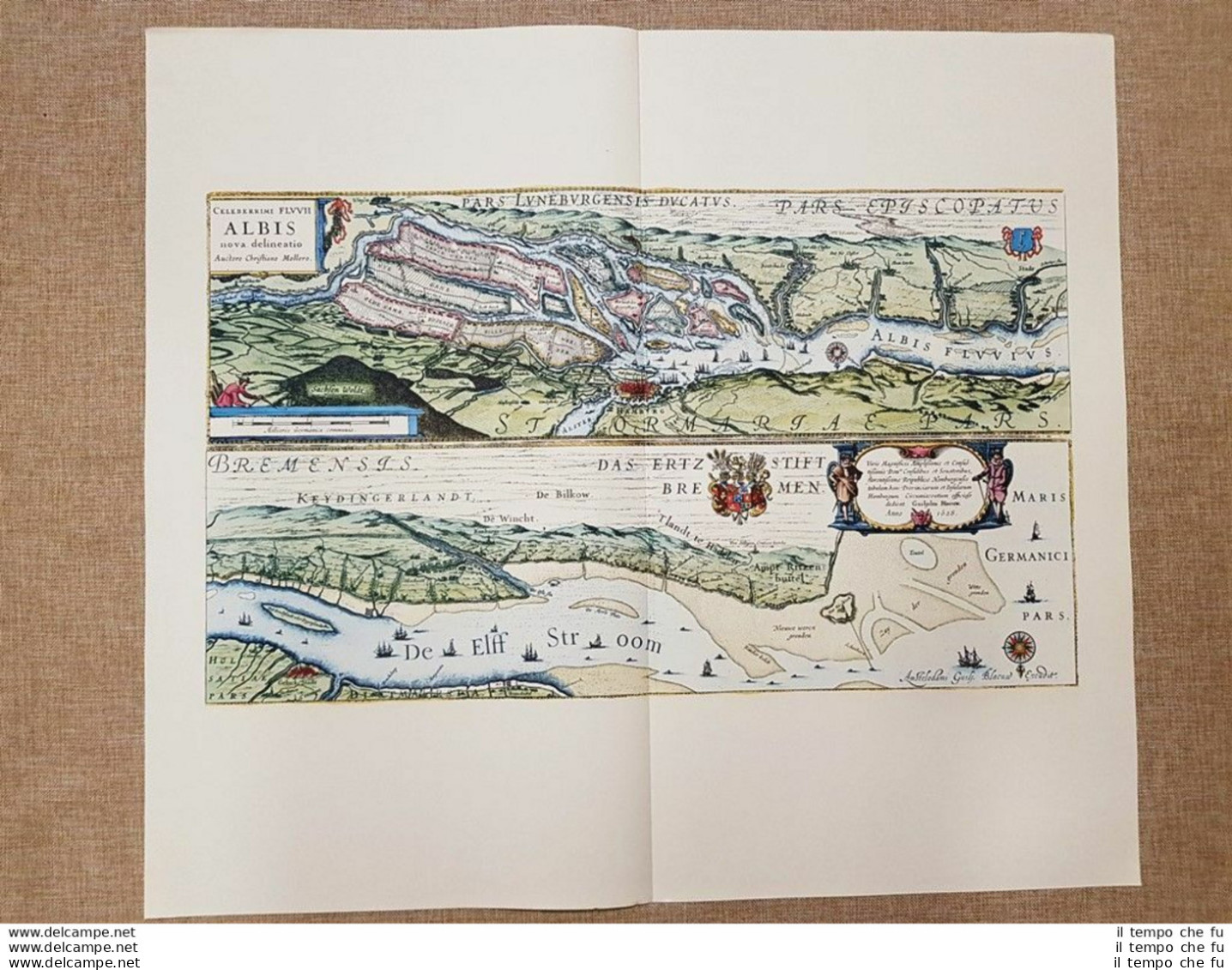 Carta Geografica O Mappa Elbe Hamburg Germania Anno 1634 Di Blaeu Ristampa - Geographische Kaarten