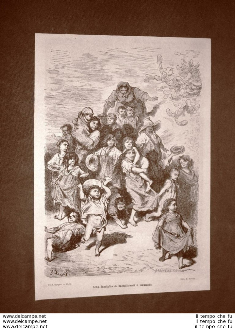 Incisione Di Gustave Dorè Del 1874 Famiglia Mendicanti Granata Spagna Davillier - Voor 1900