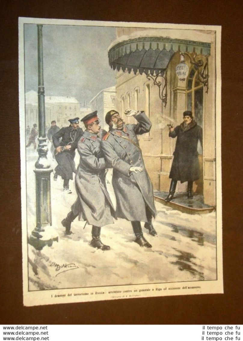 Retrocopertina Domenica Del Corriere Del 1909 Riga Attentato A Generale Russia - Sonstige & Ohne Zuordnung