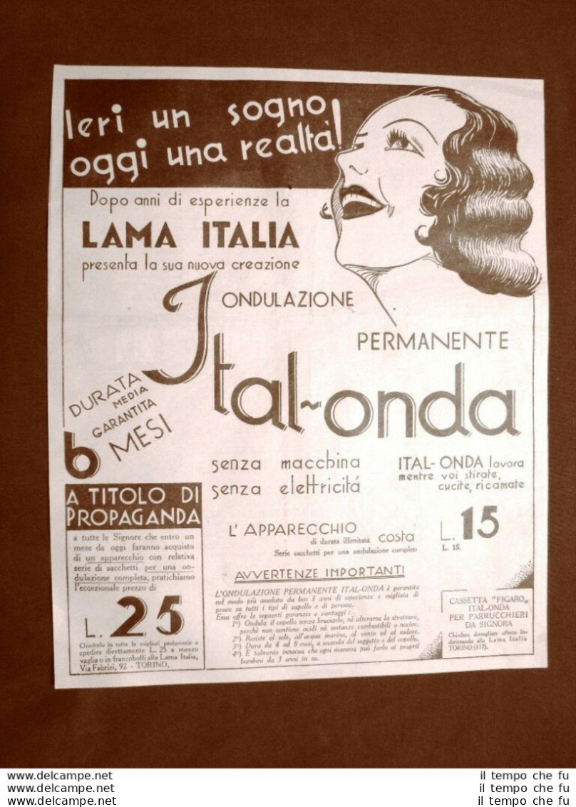 Pubblicità D'epoca Del 1910 Ital Onda Apparecchio Per Capelli Lama Italia - Autres & Non Classés