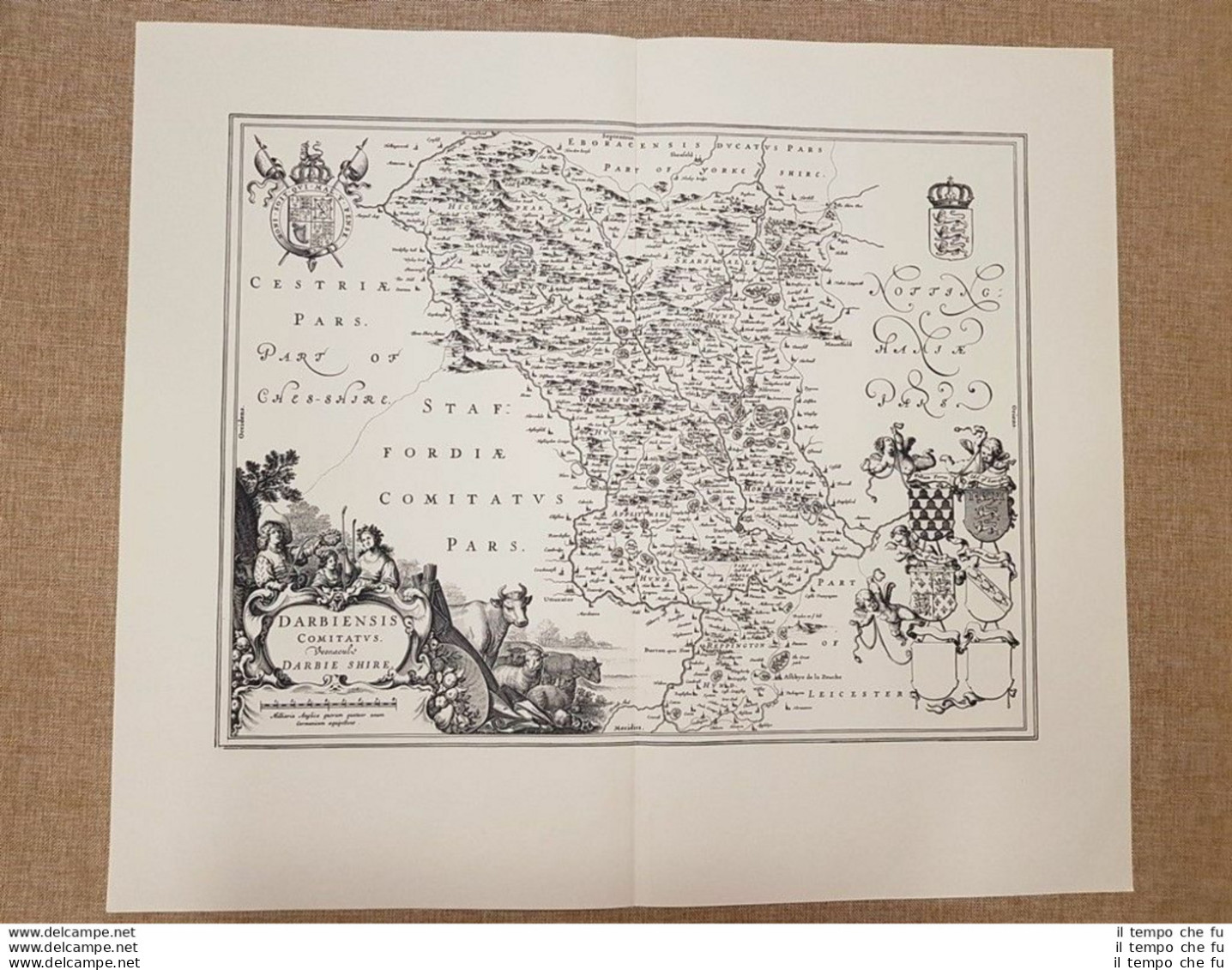 Carta Geografica O Mappa Derbyshire Inghilterra Anno 1645 J. Blaeu Ristampa - Geographische Kaarten