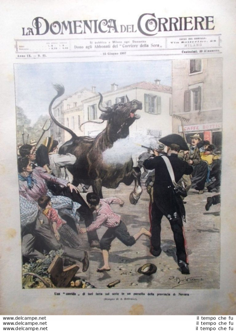 La Domenica Del Corriere 23 Giugno 1907 Corrida Ambasciata Nuoto Automobile Tori - Altri & Non Classificati