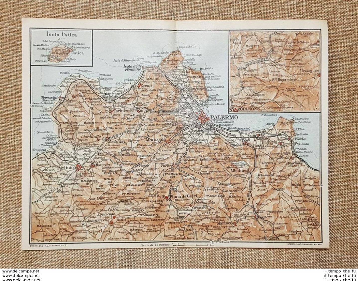 Carta Cartina Del 1919 Isola Di Ustica Palermo Corleone Monreale Sicilia T.C.I. - Geographical Maps