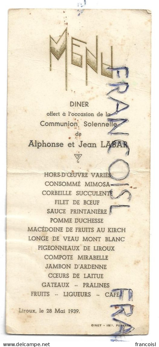 Menu De Communion Solennelle. Alphonse Et Jean Labar 1939 - Menükarten