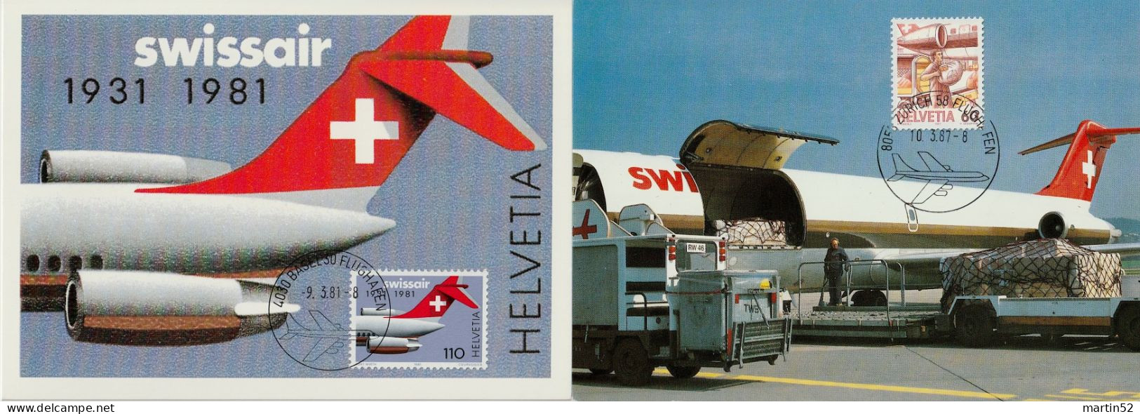 Schweiz Suisse 1981/87: SWISSAIR Zu 653+739 Mi 1195+1344 Yv 1125+? Auf 2 MK Mit ⊙ BASEL & ZÜRICH FLUGHAFEN - Vliegtuigen