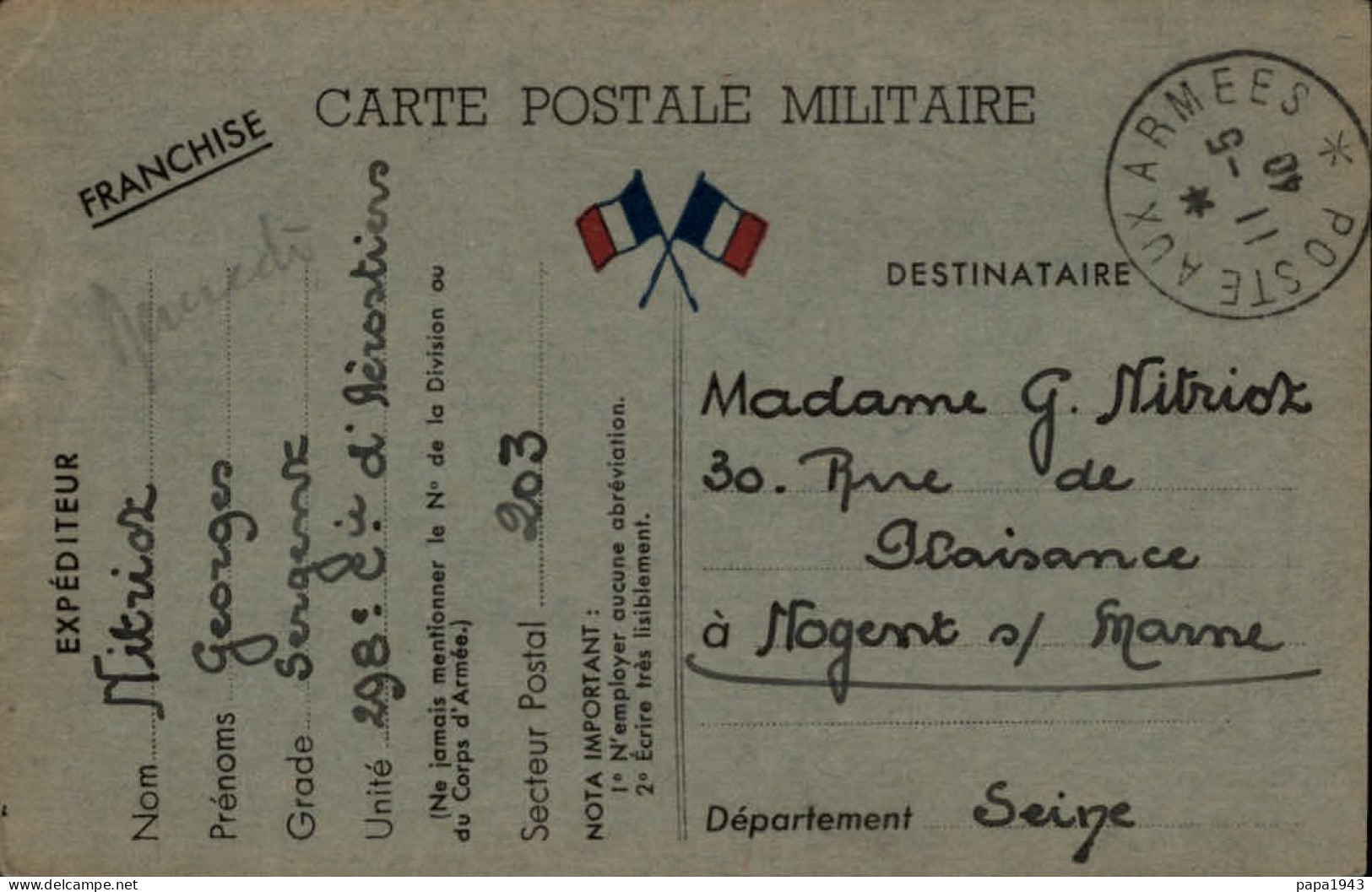 1940  CARTE MILITAIRE  S P 203 Envoyé à NOGENT Sur MARNE - Brieven En Documenten