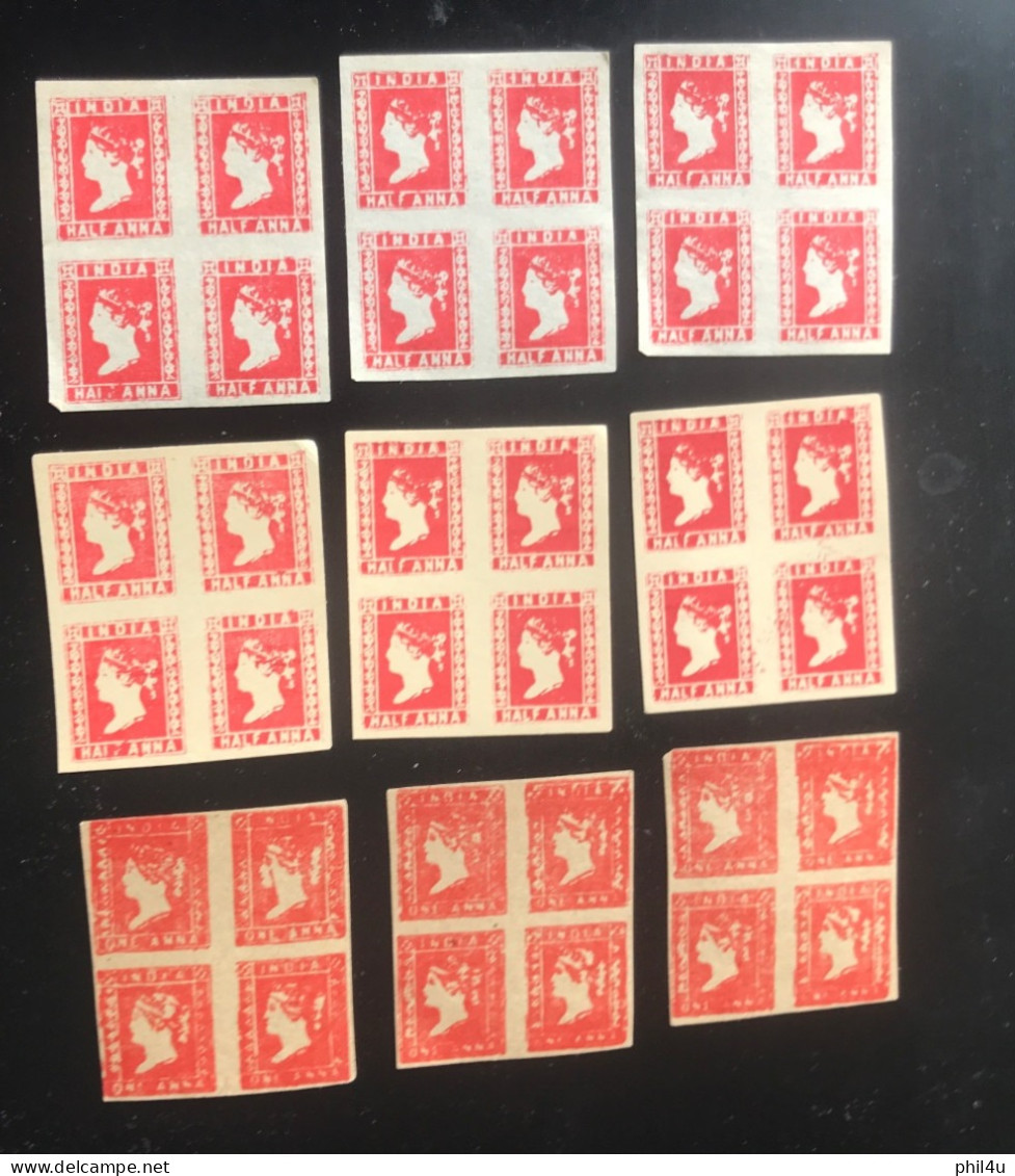 1854 India Half Anna Red Unused 3x3 Blocks Not Genuine If Genuine High Cat. Collect As Cinderella See - Blocks & Sheetlets